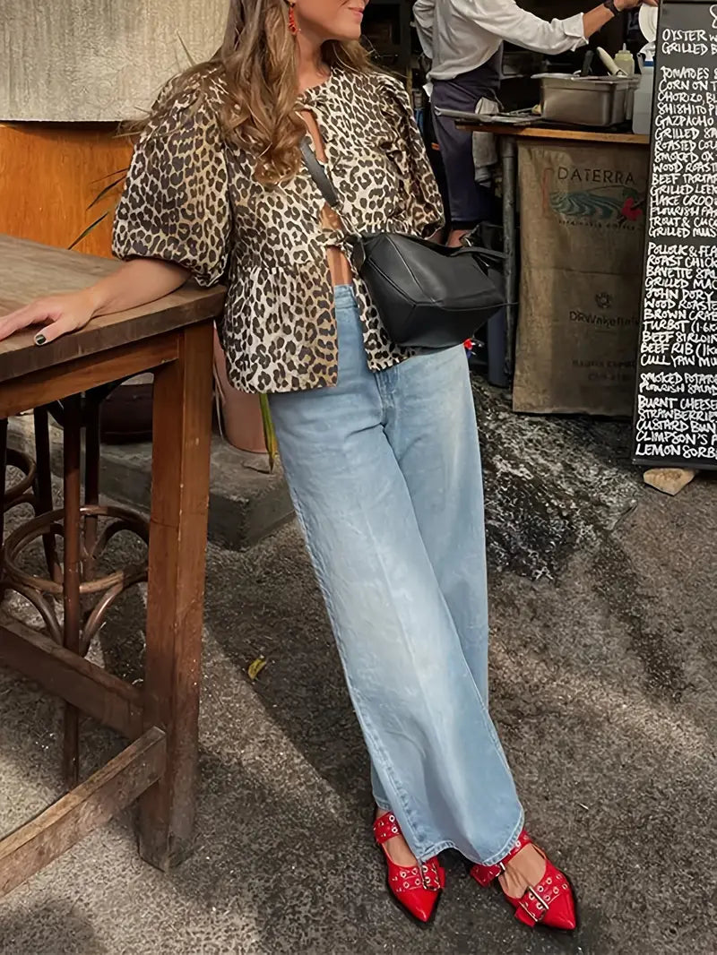 Chic Leopard Print Blouse with Tie-Front Detail