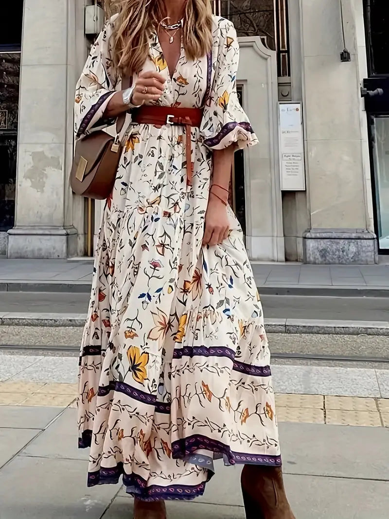 Floral Printed Long Lantern Sleeve Tiered Maxi Dress