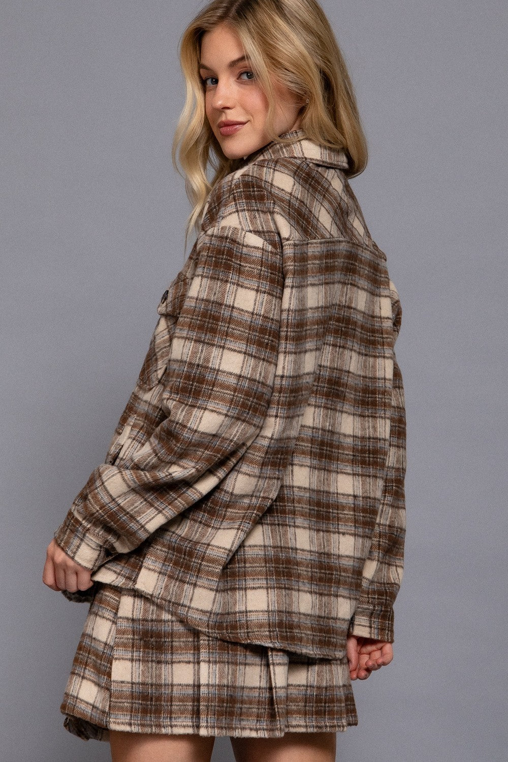 Long Sleeve Wool Blend Plaid Jacket