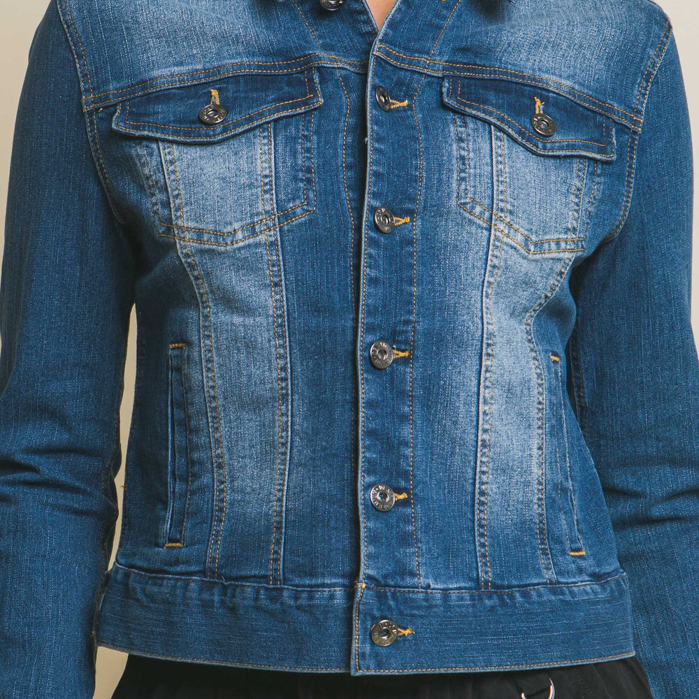
                      
                        Distressed Button Up Stretchy Cotton Denim Jacket
                      
                    