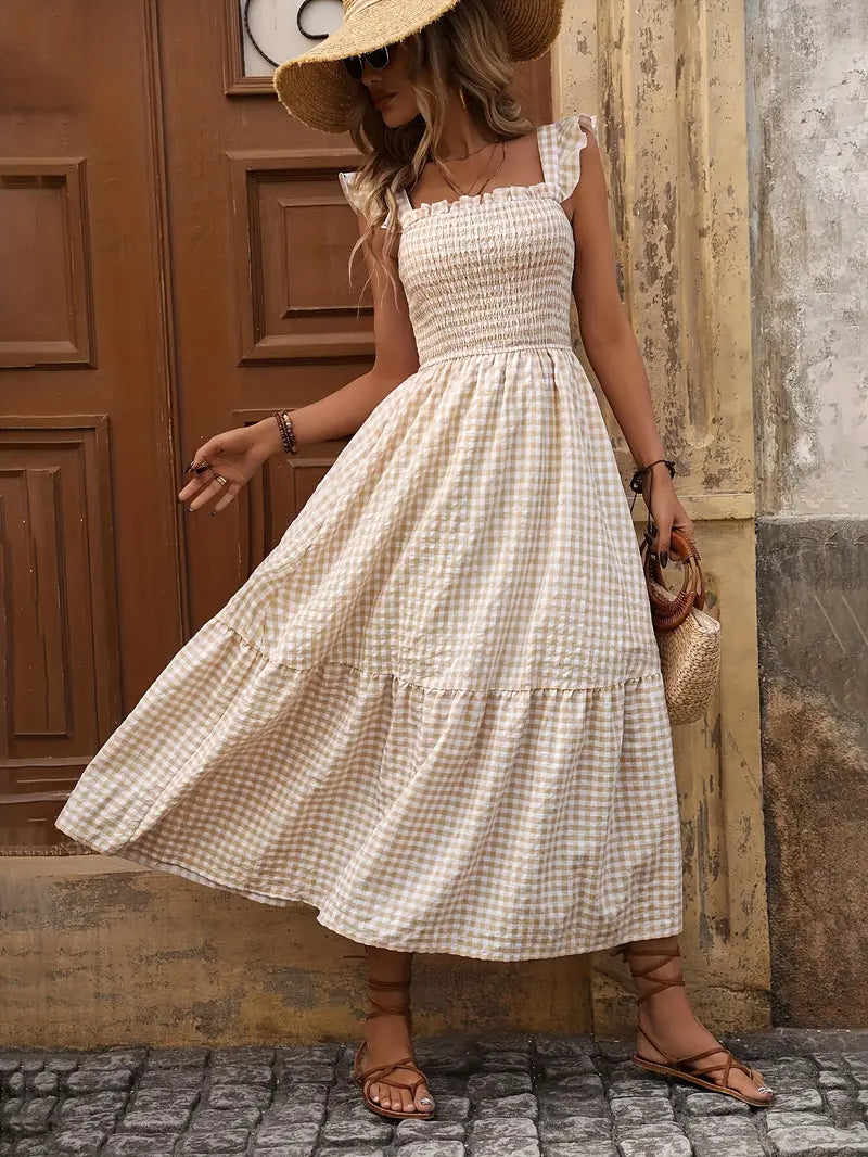 Plaid A Line Dress with Square Neck