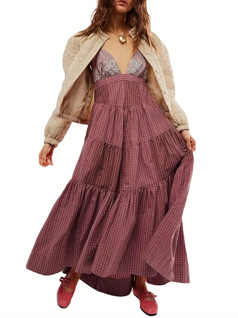 Sleeveless V-Neck Maxi Dress with Floral & Plaid Print