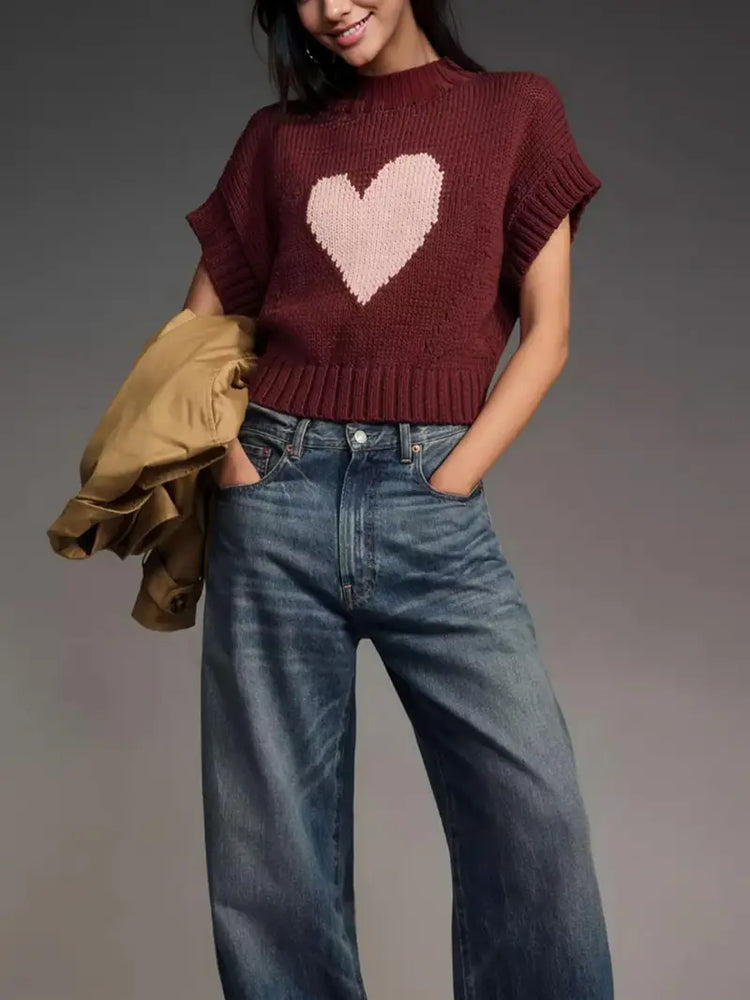 Cotton Crew Neck Sweater with Heart Pattern