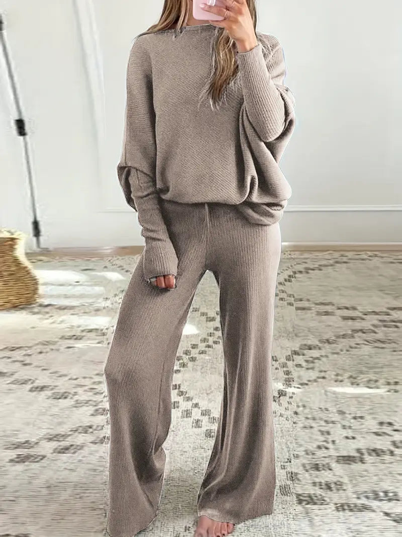 Solid Color Off-Shoulder Sweater Top with Pants Set