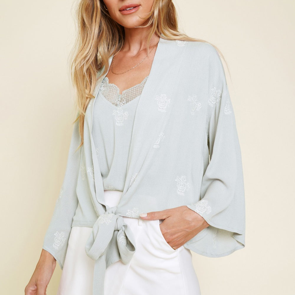 Embroidered Tie Front Kimono Cardigan