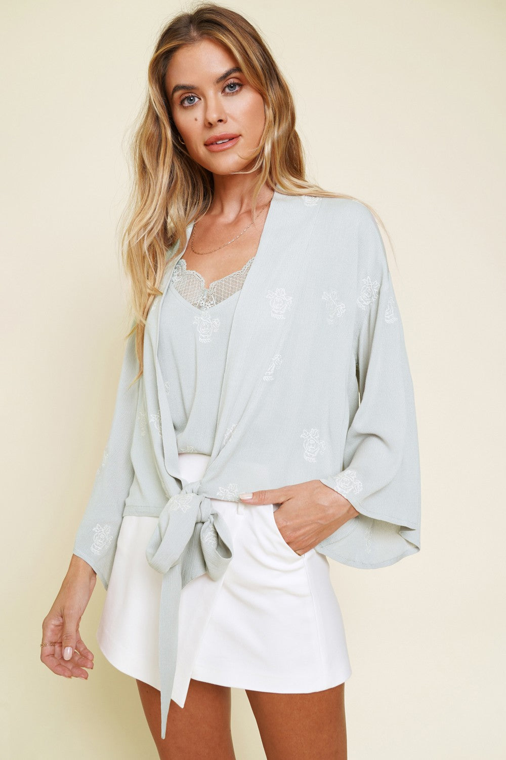 Embroidered Tie Front Kimono Cardigan