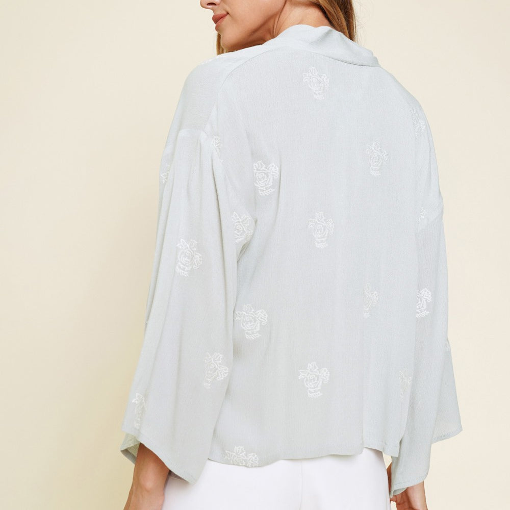 
                      
                        Embroidered Tie Front Kimono Cardigan
                      
                    