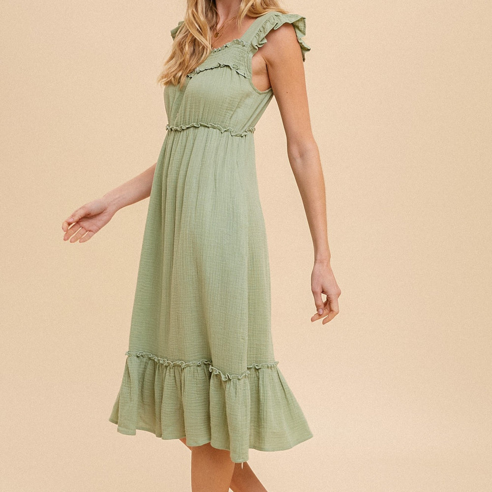 
                      
                        Ruffle Sleeve Tiered Midi Dress
                      
                    