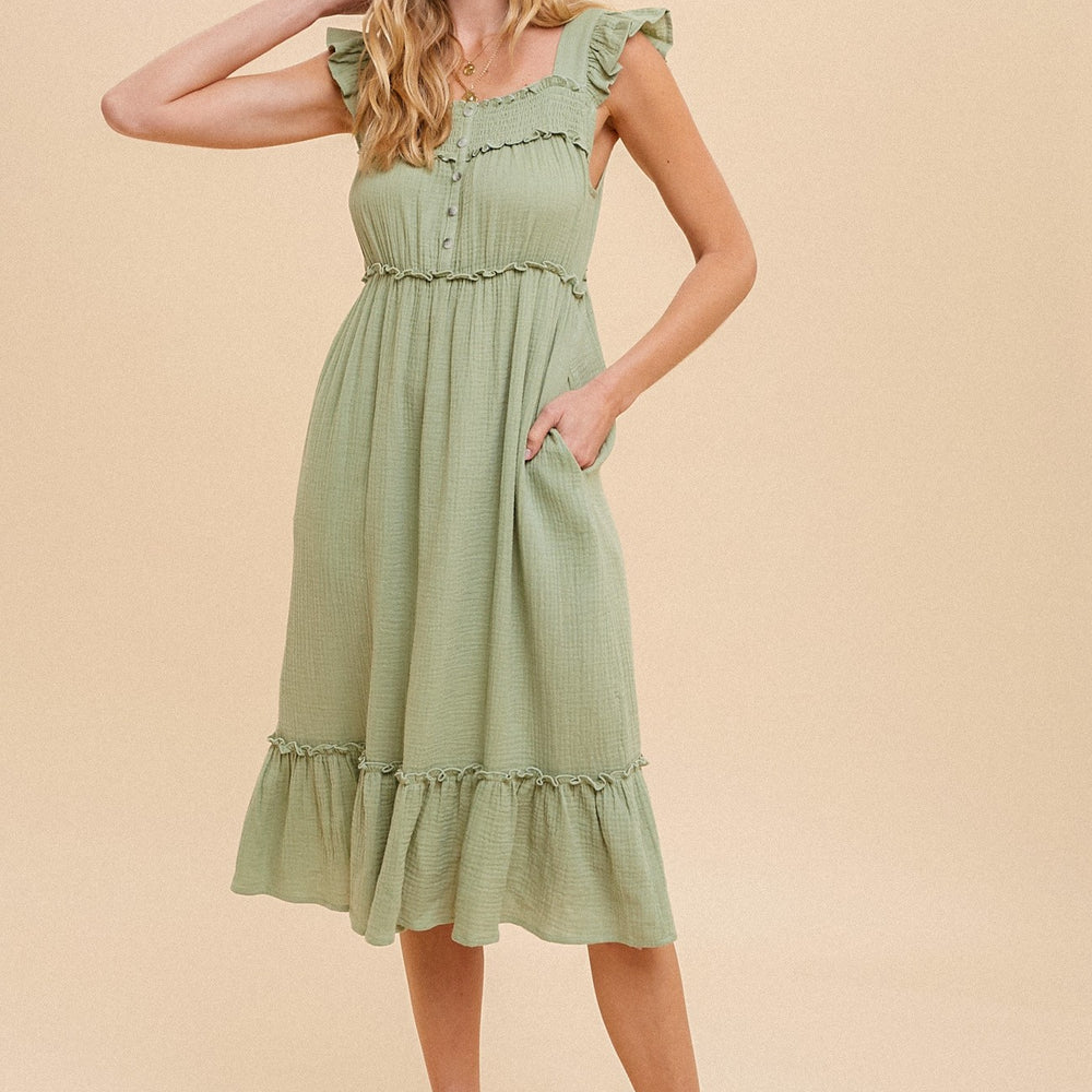 
                      
                        Ruffle Sleeve Tiered Midi Dress
                      
                    