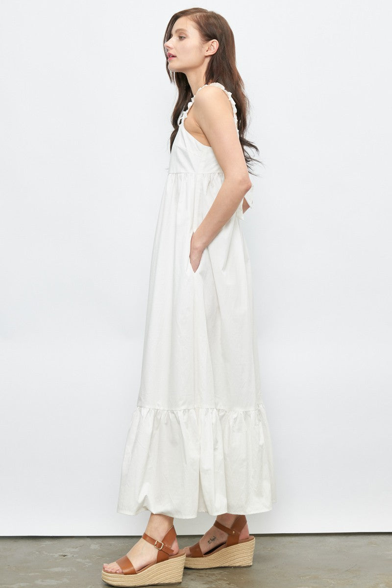 Ruffle Strap Long Dress with tie Back Detail