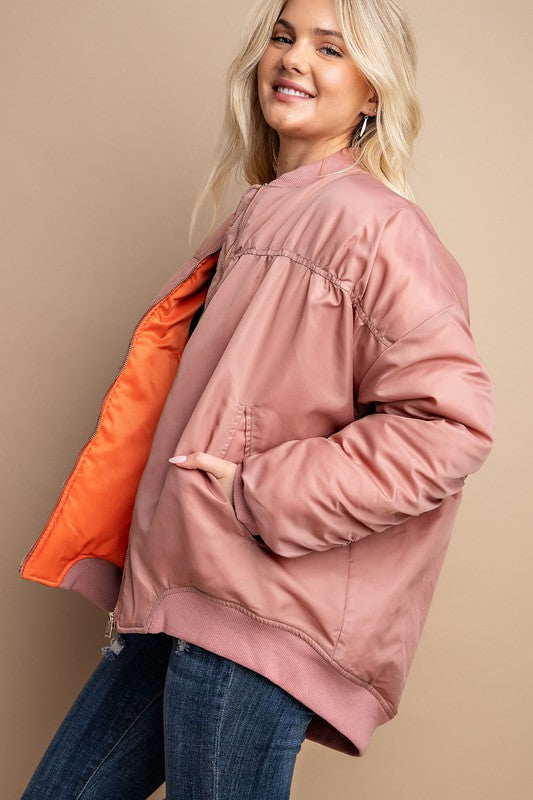 Zip Front Ruched Back Bomber Jacket
