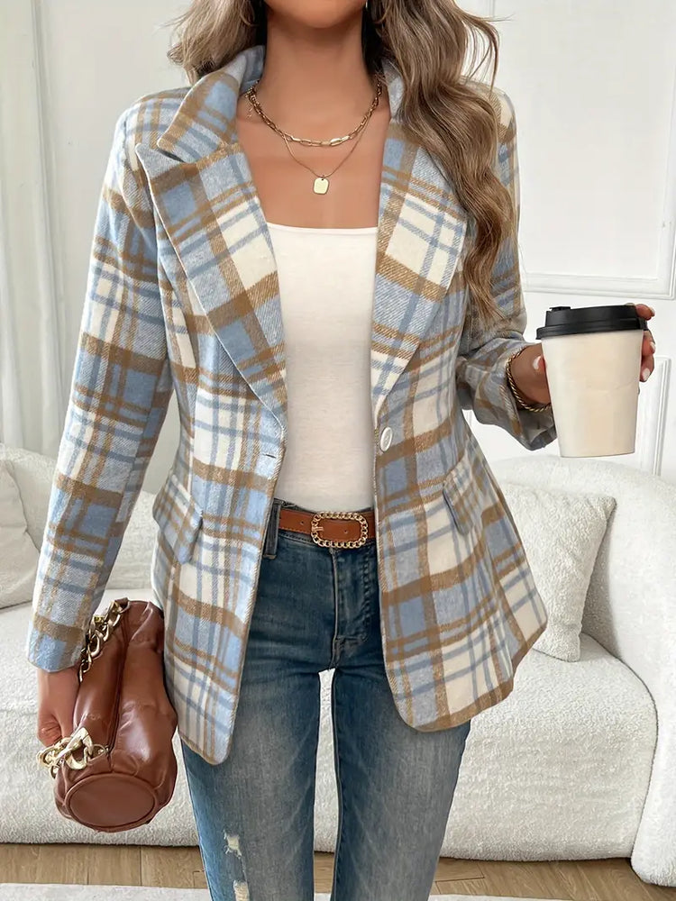 Plaid Button Front Lapel Blazer