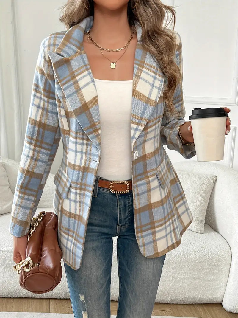 Plaid Button Front Lapel Blazer