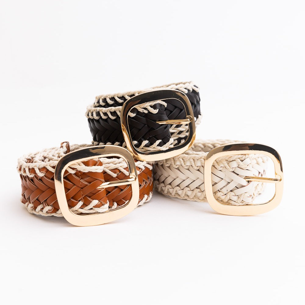 
                      
                        Crochet Trimmed Woven Leather Belt
                      
                    