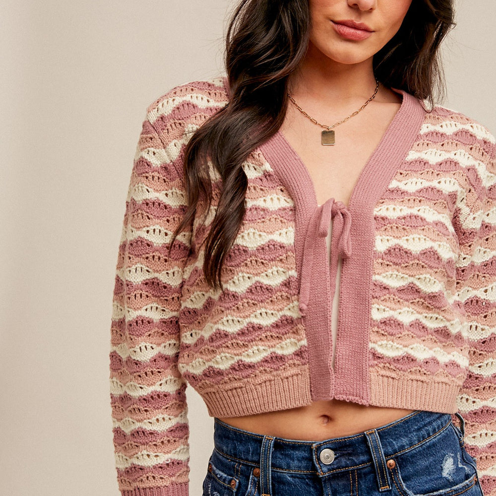 
                      
                        V Neck Front Tie Closure Striped Knit Cardigan
                      
                    