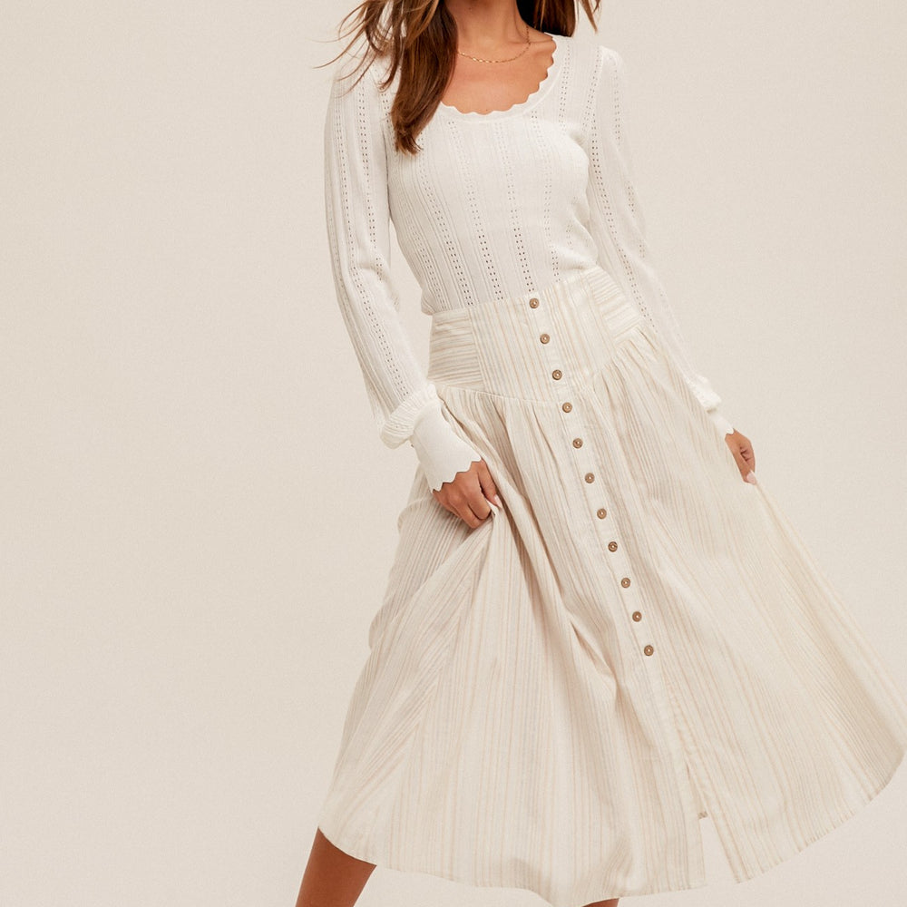 Button Front Striped Midi Skirt