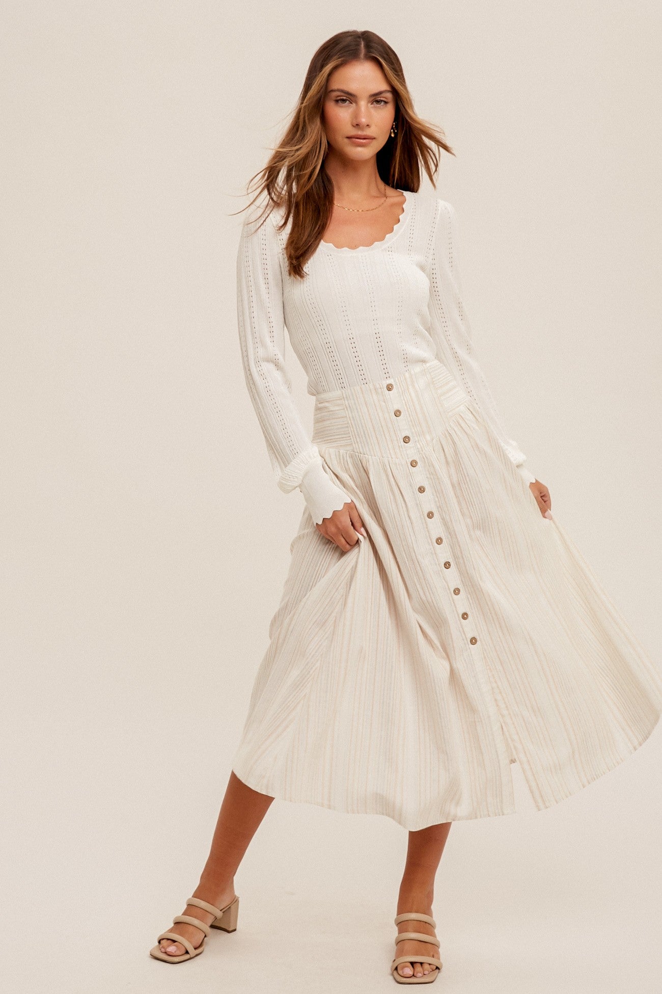 Button Front Striped Midi Skirt