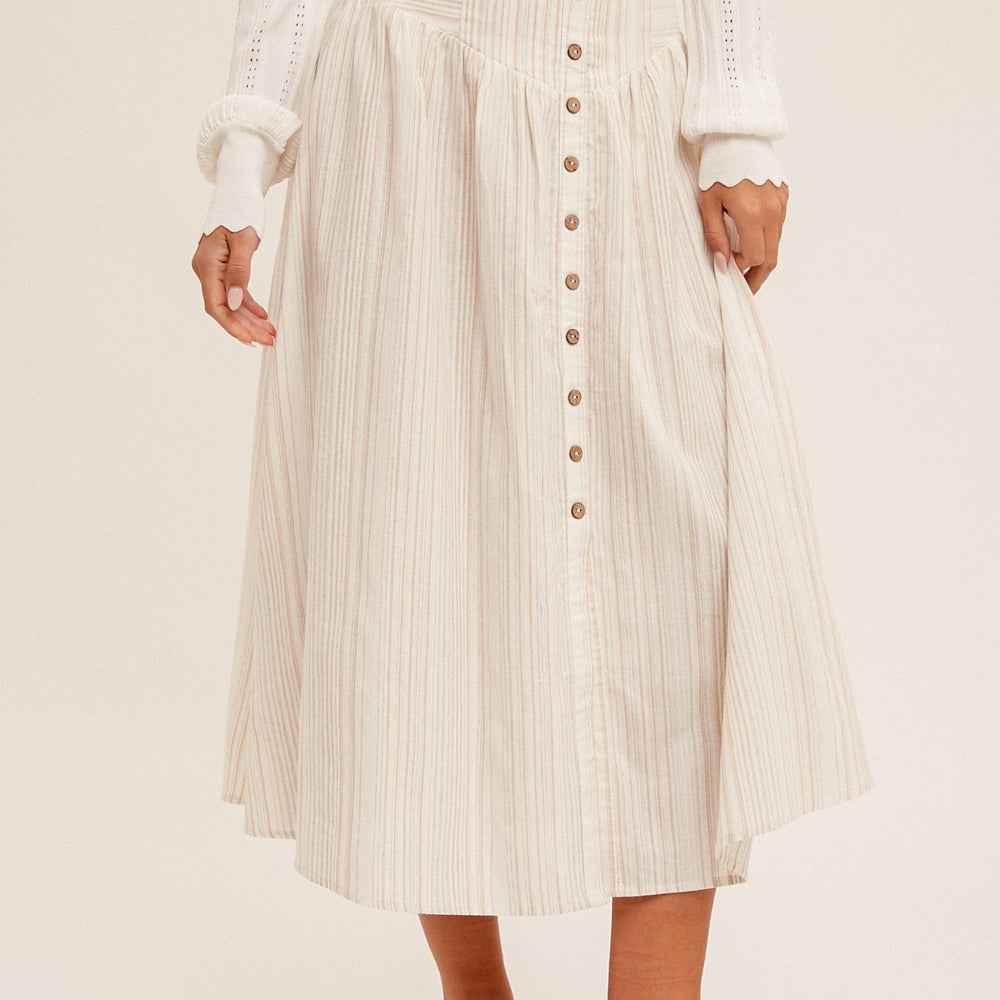 Button Front Striped Midi Skirt