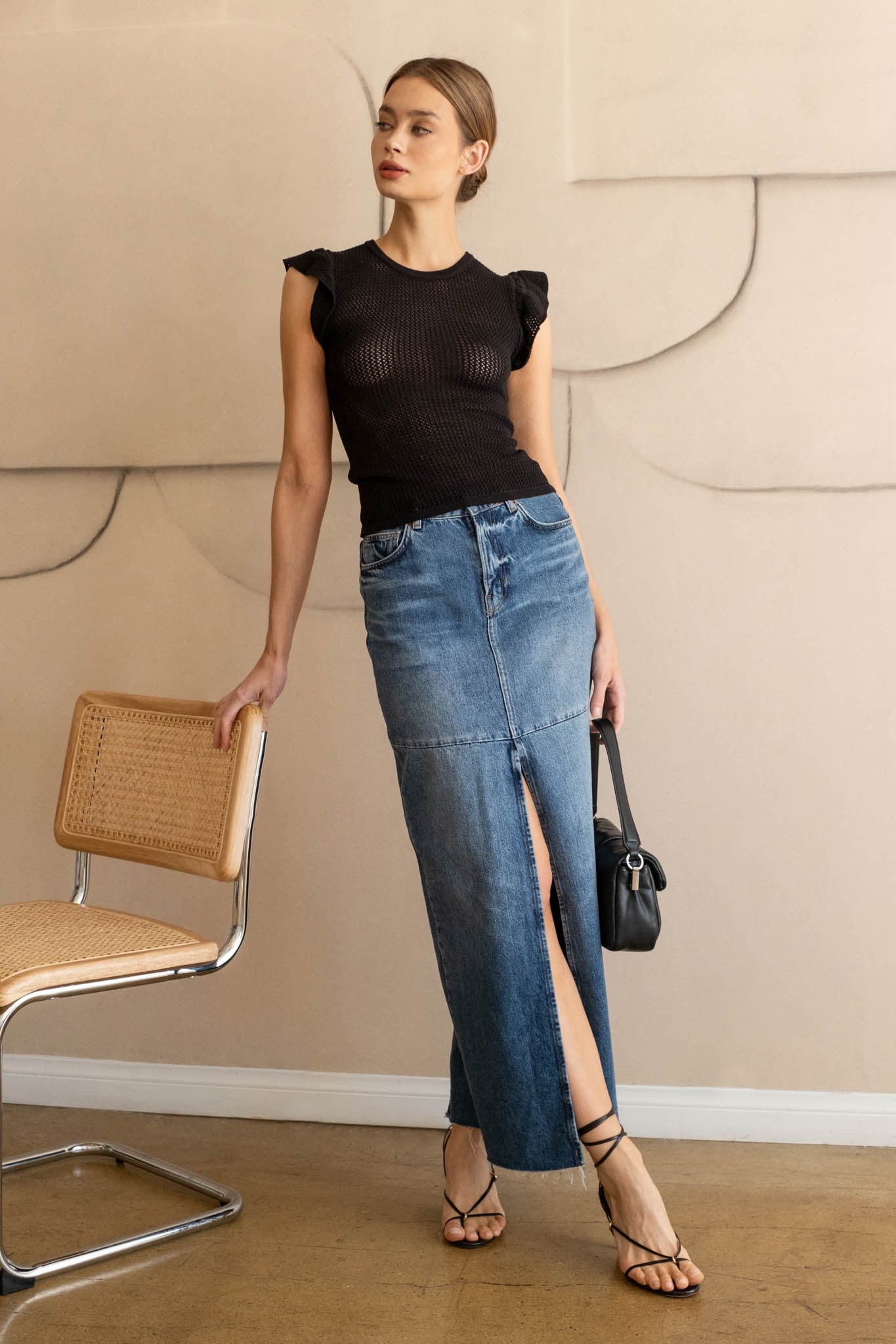 Ruffle Sleeve Crochet Knit Top