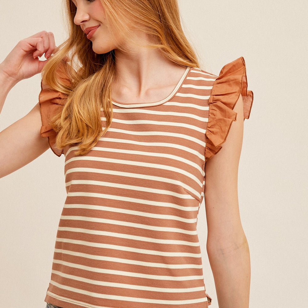 
                      
                        Round Neck Flutter Sleeves Mixed Pullover Knit Top
                      
                    