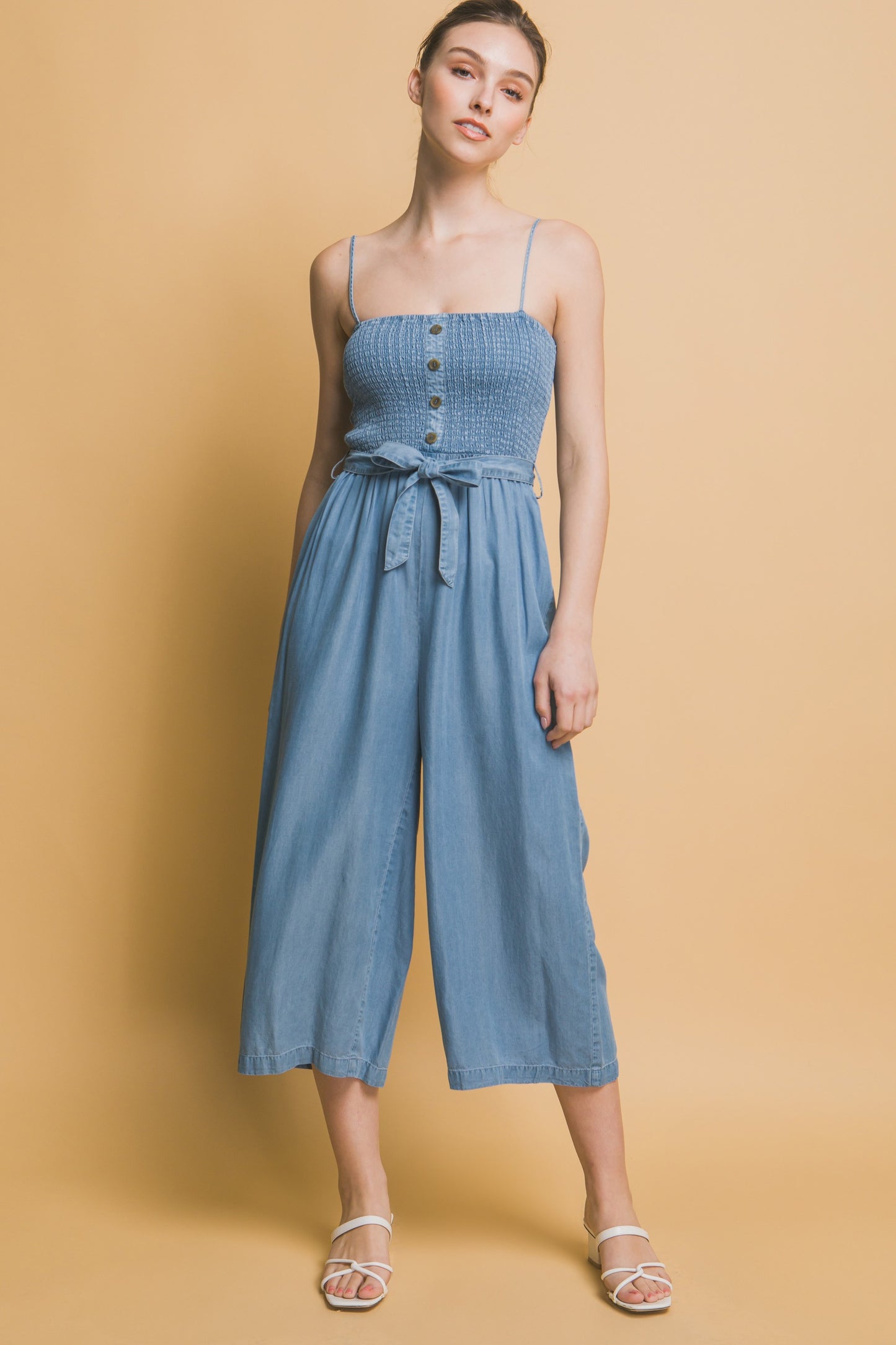 Smocked Wide Leg Cropped Jumpsuit