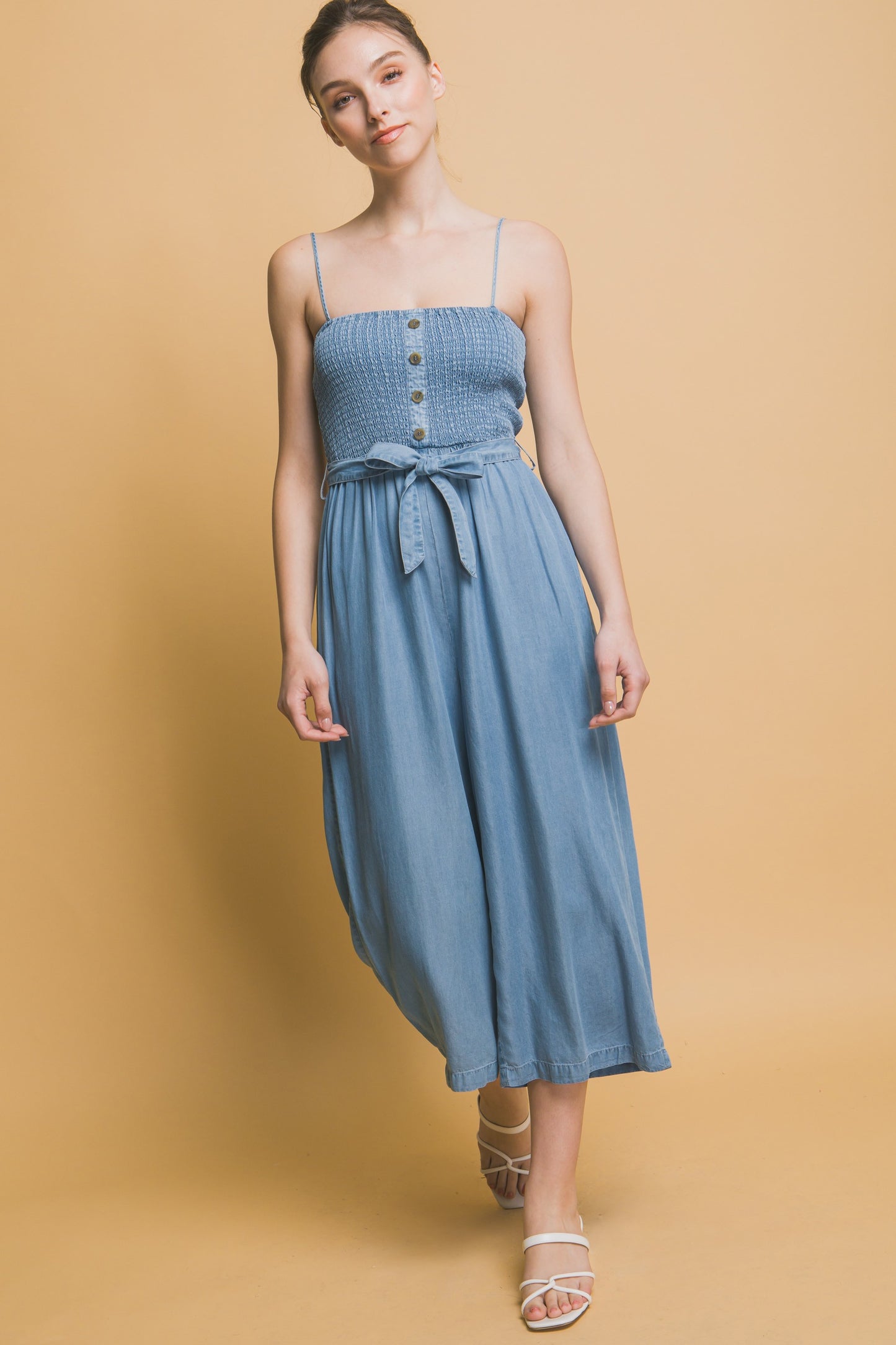Smocked Wide Leg Cropped Jumpsuit