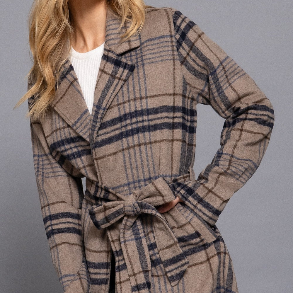 
                      
                        Long Sleeve Belted Plaid Woven Jacket
                      
                    