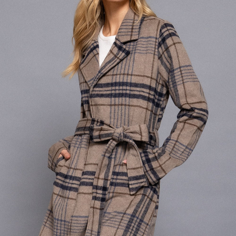 Long Sleeve Belted Plaid Woven Jacket