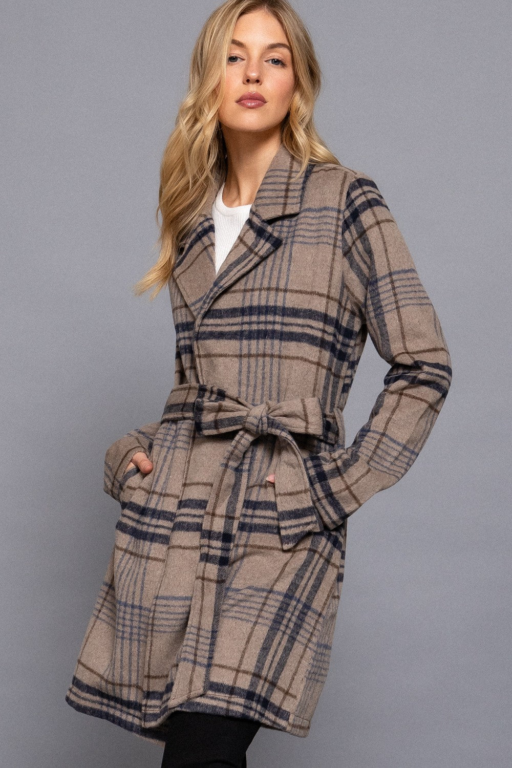 Long Sleeve Belted Plaid Woven Jacket