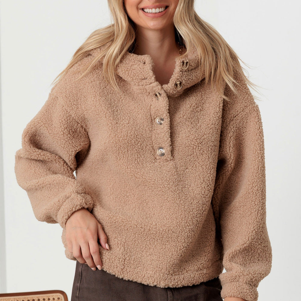 Teddy Knit Button-up Two Pocket Hooded Sweater