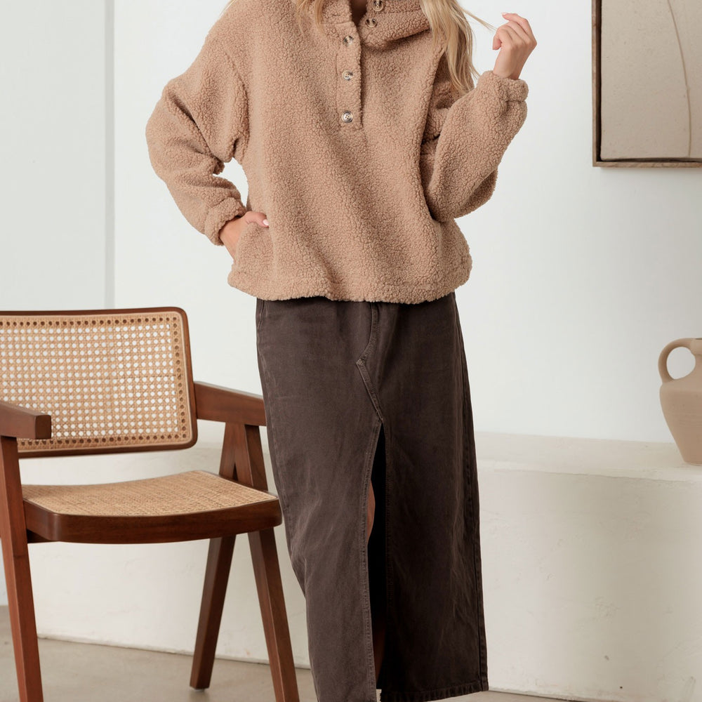 
                      
                        Teddy Knit Button-up Two Pocket Hooded Sweater
                      
                    