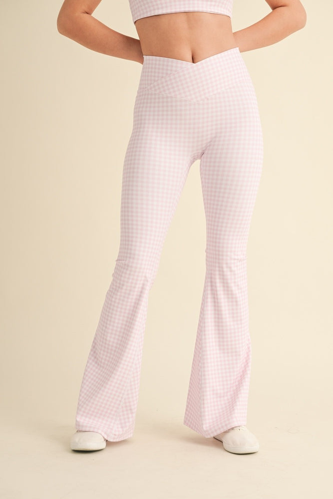 Gingham Print High Waist Crossover Flare Legging