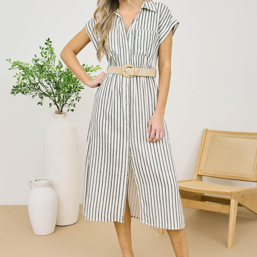 Stripe Button Down Belted Midi Shirt Dress