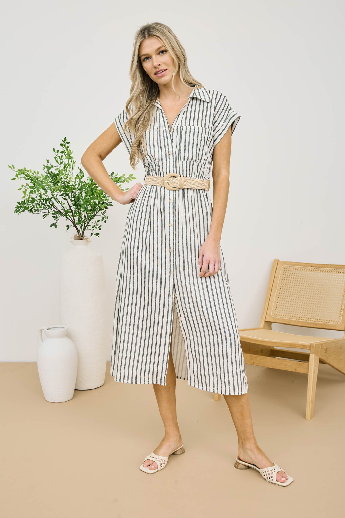 Stripe Button Down Belted Midi Shirt Dress