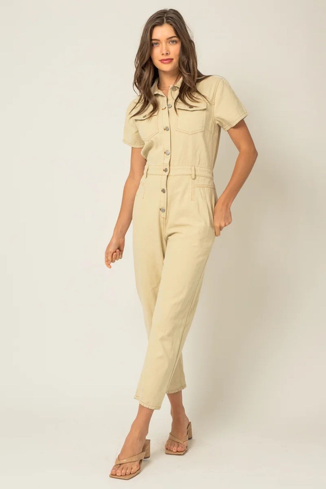 Button Up Short Sleeve Utility Denim Jumpsuit