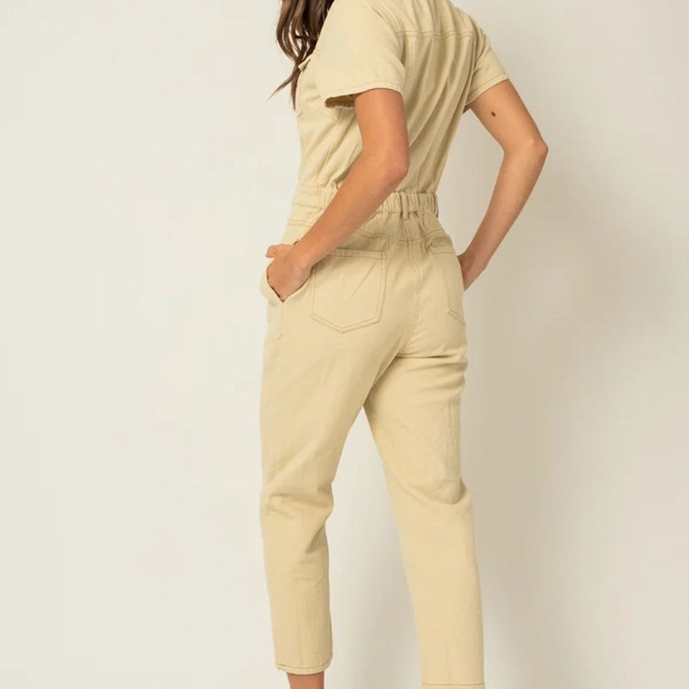 Button Up Short Sleeve Utility Denim Jumpsuit