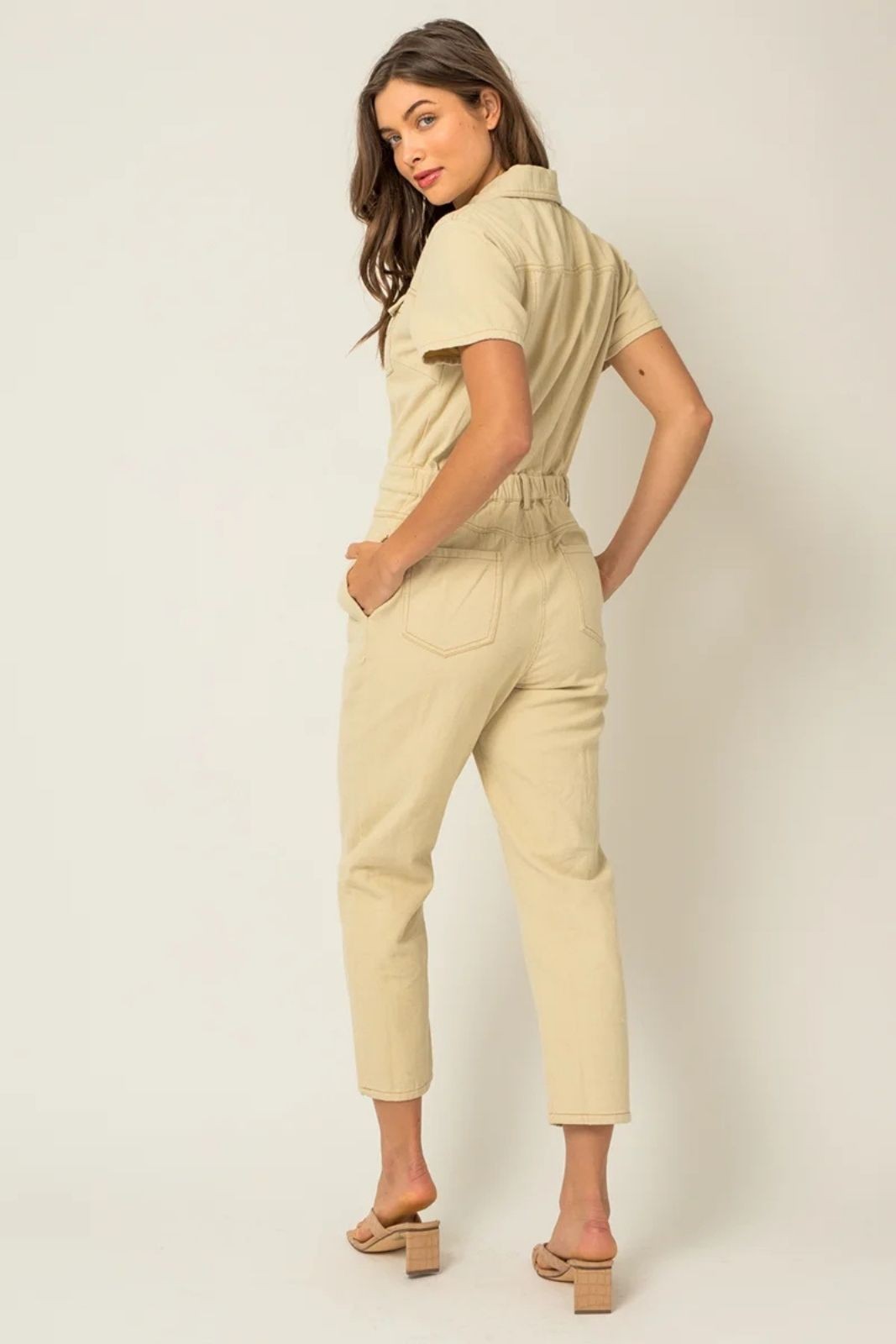 Button Up Short Sleeve Utility Denim Jumpsuit