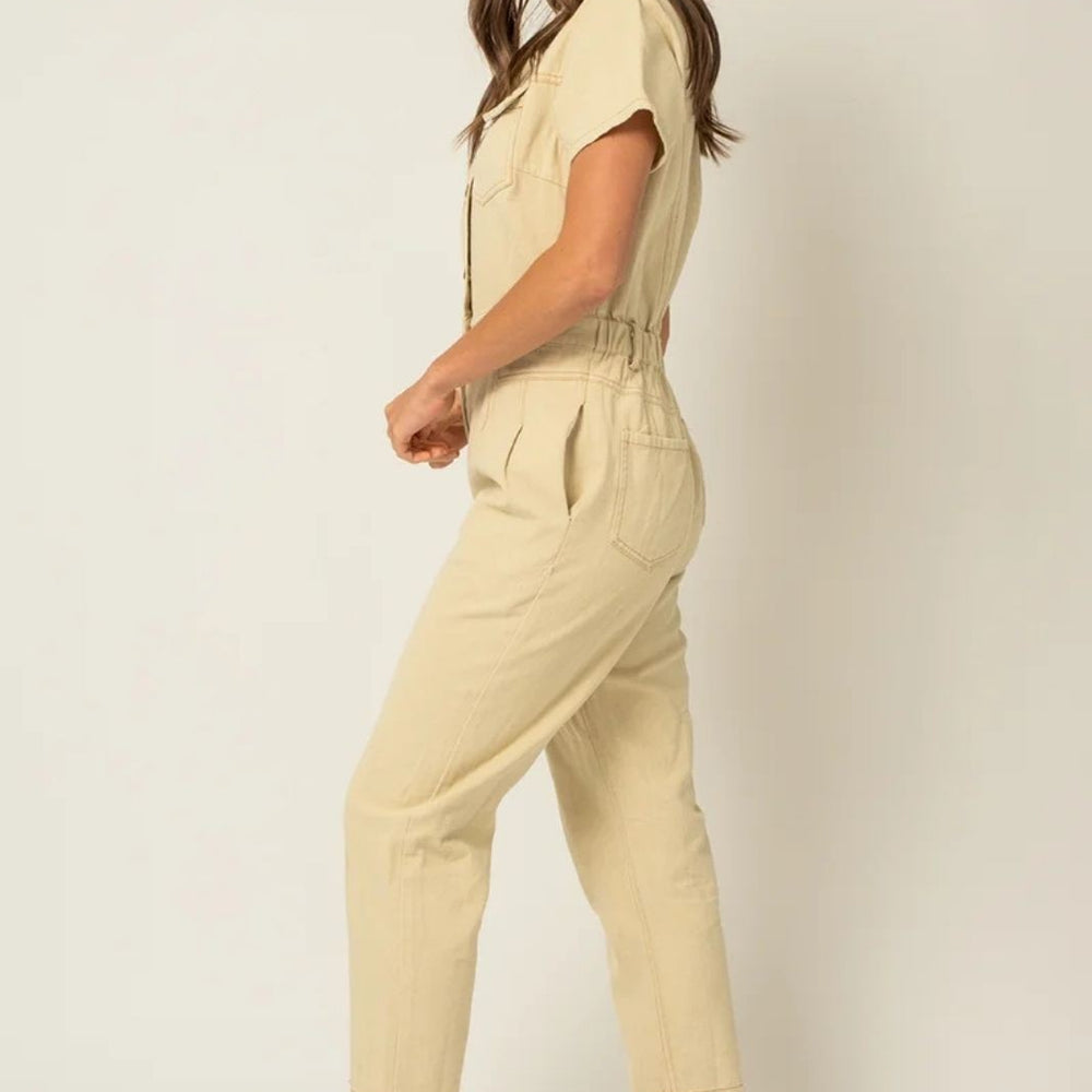 
                      
                        Button Up Short Sleeve Utility Denim Jumpsuit
                      
                    