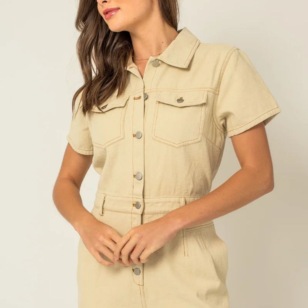 
                      
                        Button Up Short Sleeve Utility Denim Jumpsuit
                      
                    