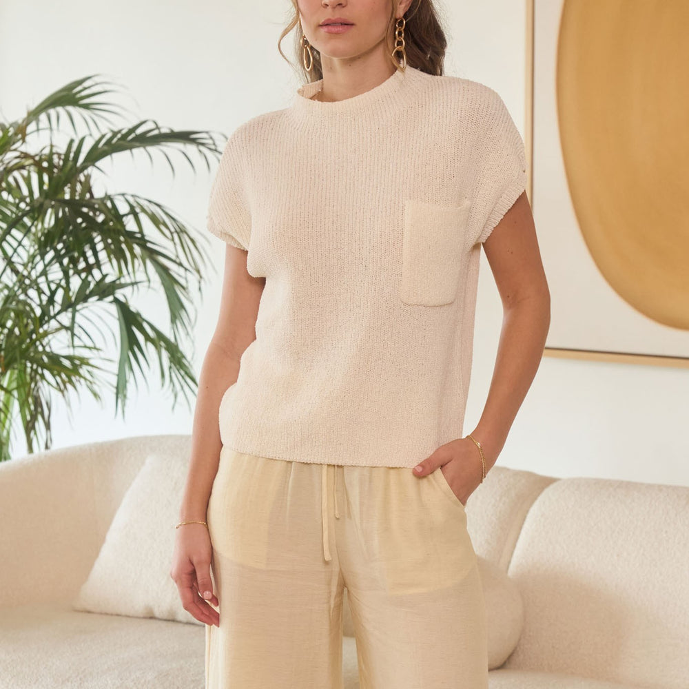 Mock Neck Short Sleeve Pocket Detail Sweater Top