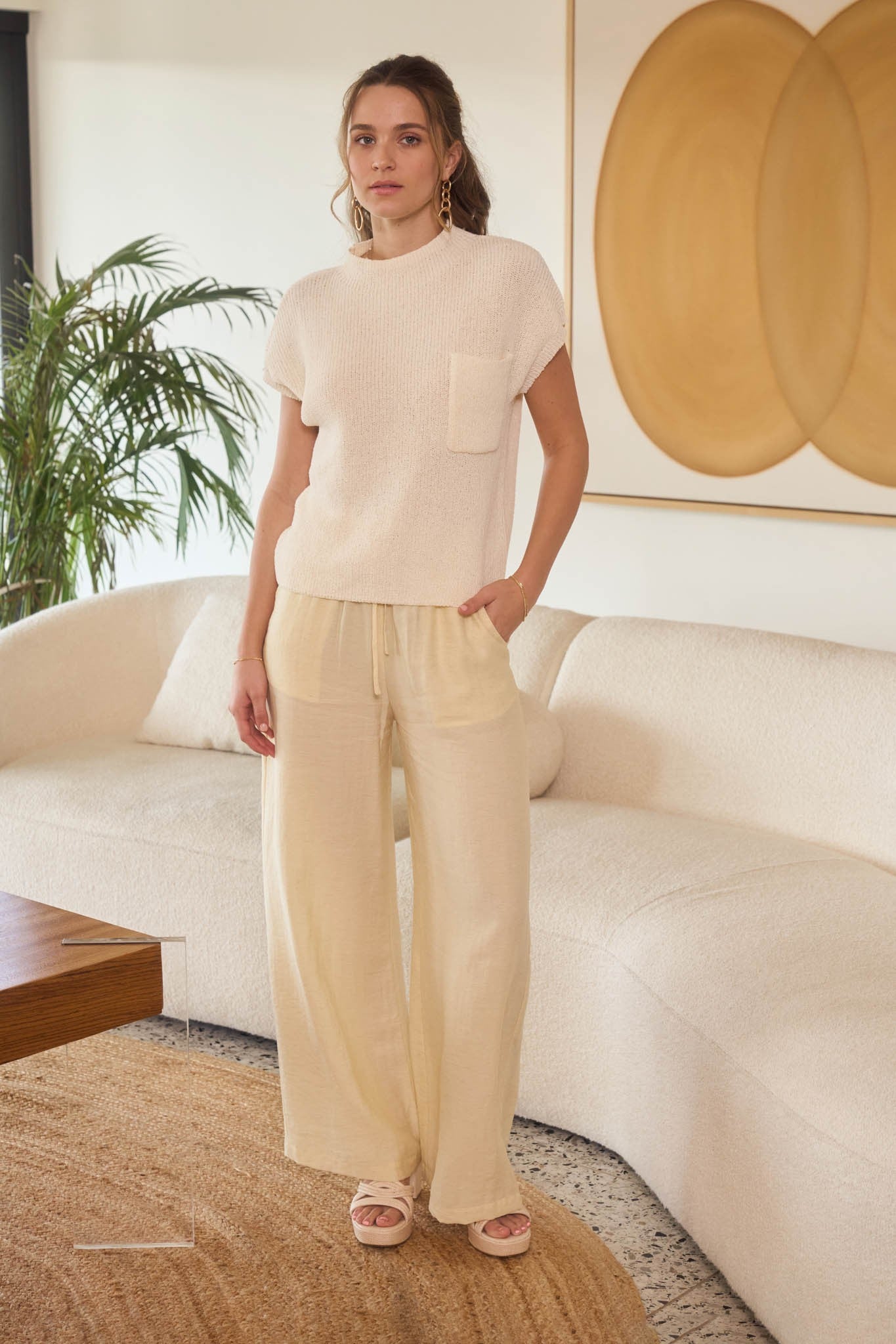 Mock Neck Short Sleeve Pocket Detail Sweater Top