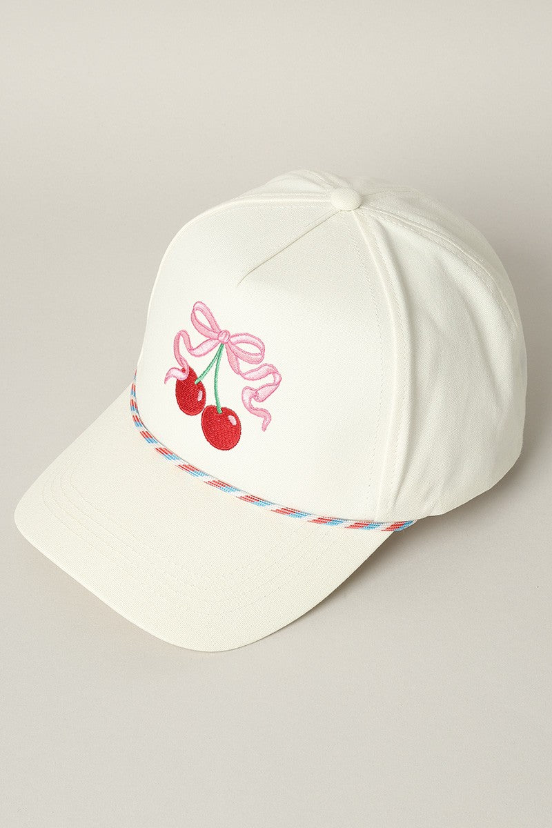 Cherry Ribbon Image Embroidery 5 Panel Trucker Hat