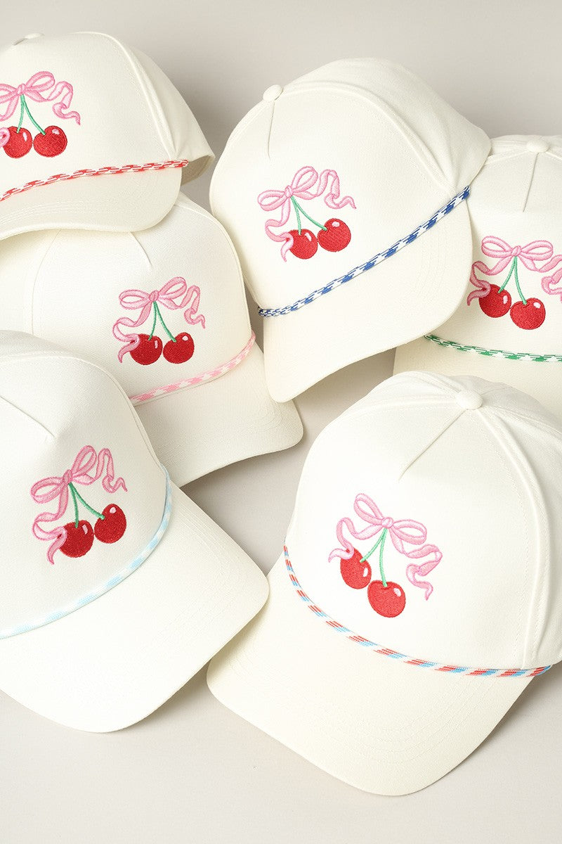 Cherry Ribbon Image Embroidery 5 Panel Trucker Hat
