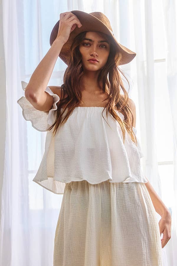 
                      
                        Solid Ruffled Off Shoulder Crop Top
                      
                    