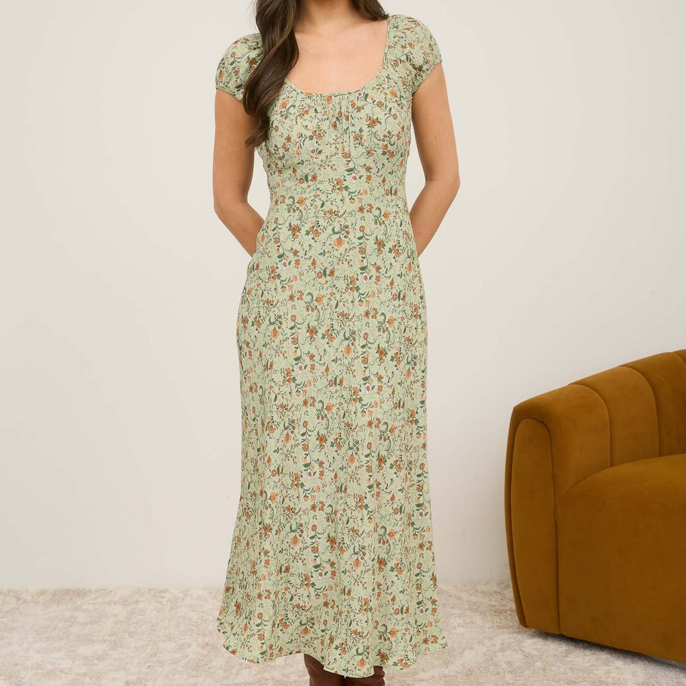 Floral Scoop Neck Ruched Short Sleeve Midi Dress