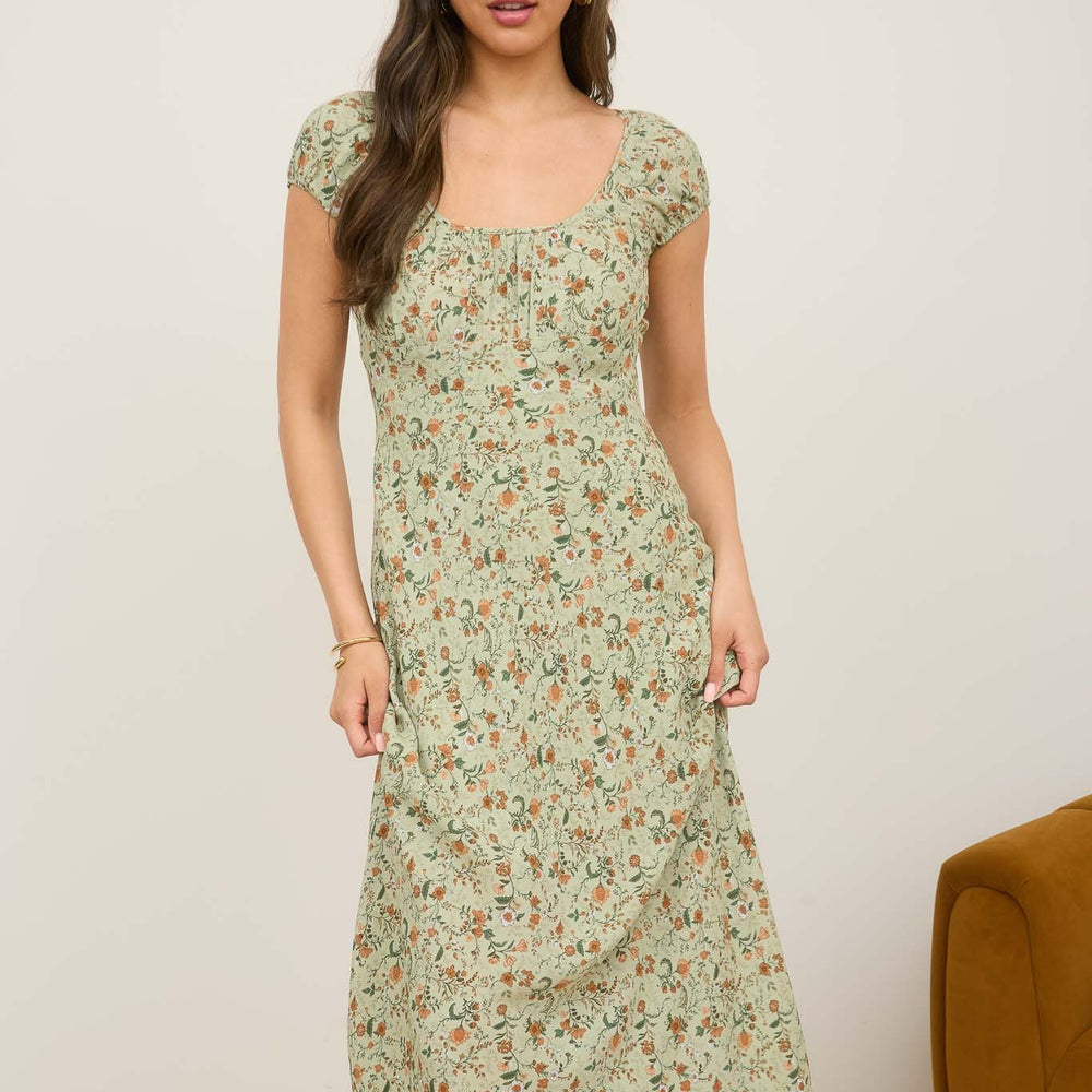 
                      
                        Floral Scoop Neck Ruched Short Sleeve Midi Dress
                      
                    