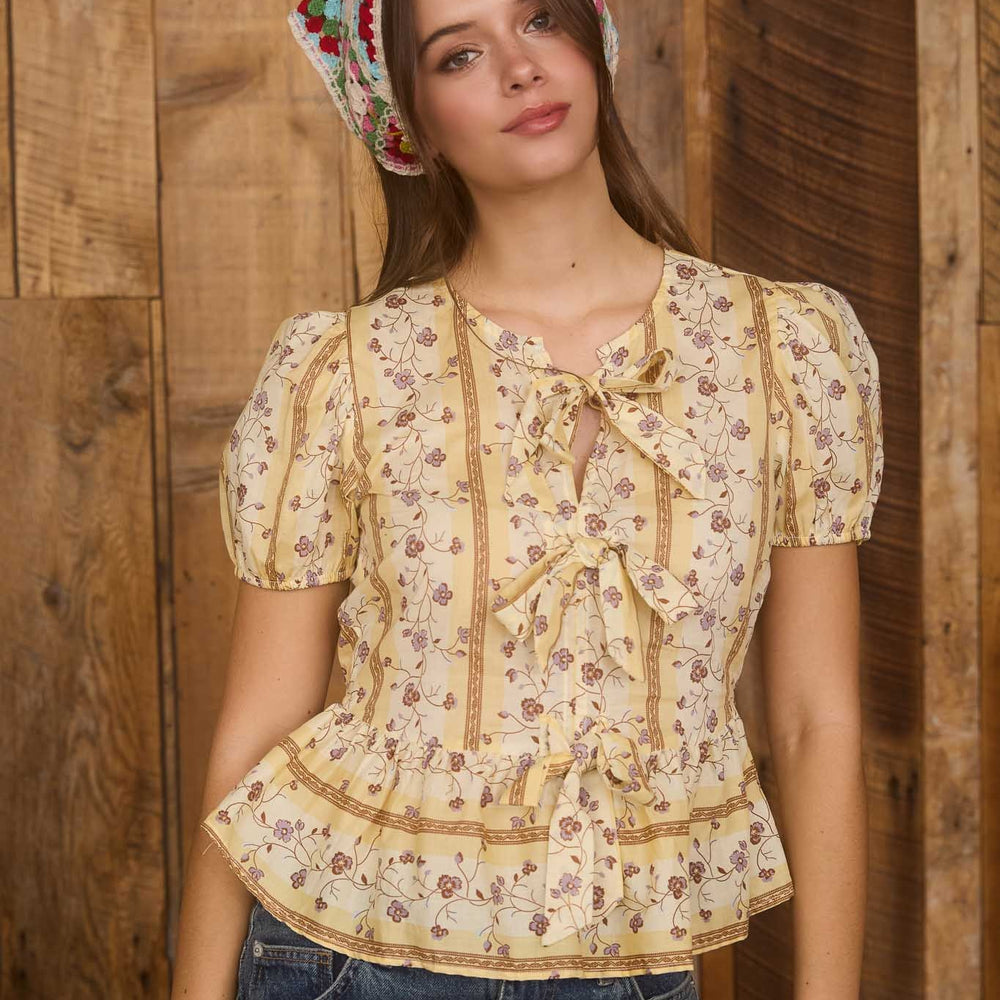 Floral Stripe Pattern Front Tie Puff Sleeve Blouse