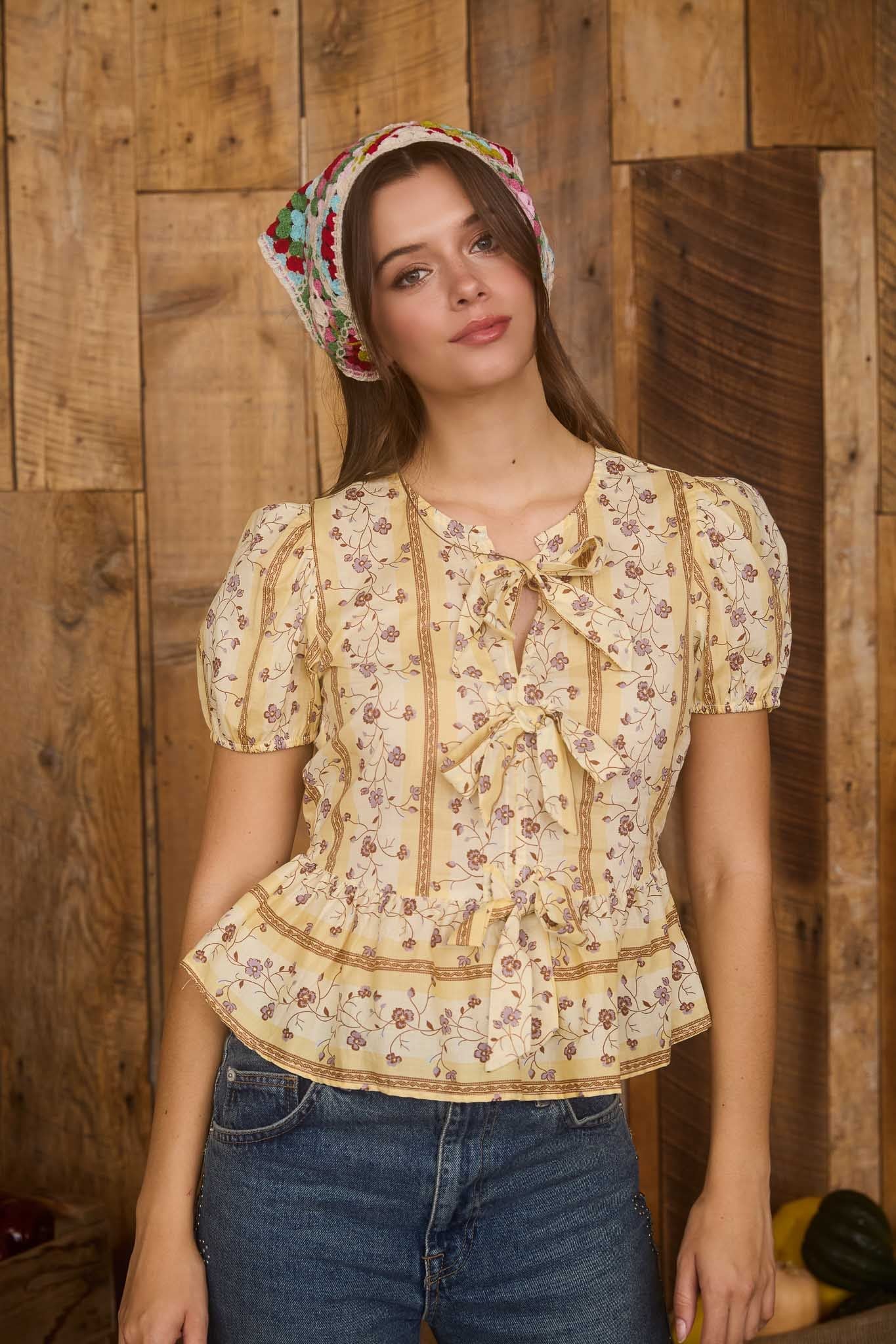 Floral Stripe Pattern Front Tie Puff Sleeve Blouse