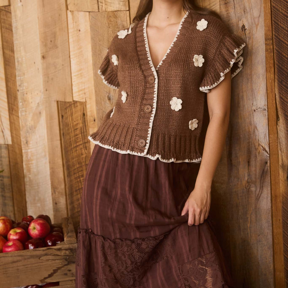 
                      
                        Crochet Floral Detail Ruffled Knit Cardigan
                      
                    