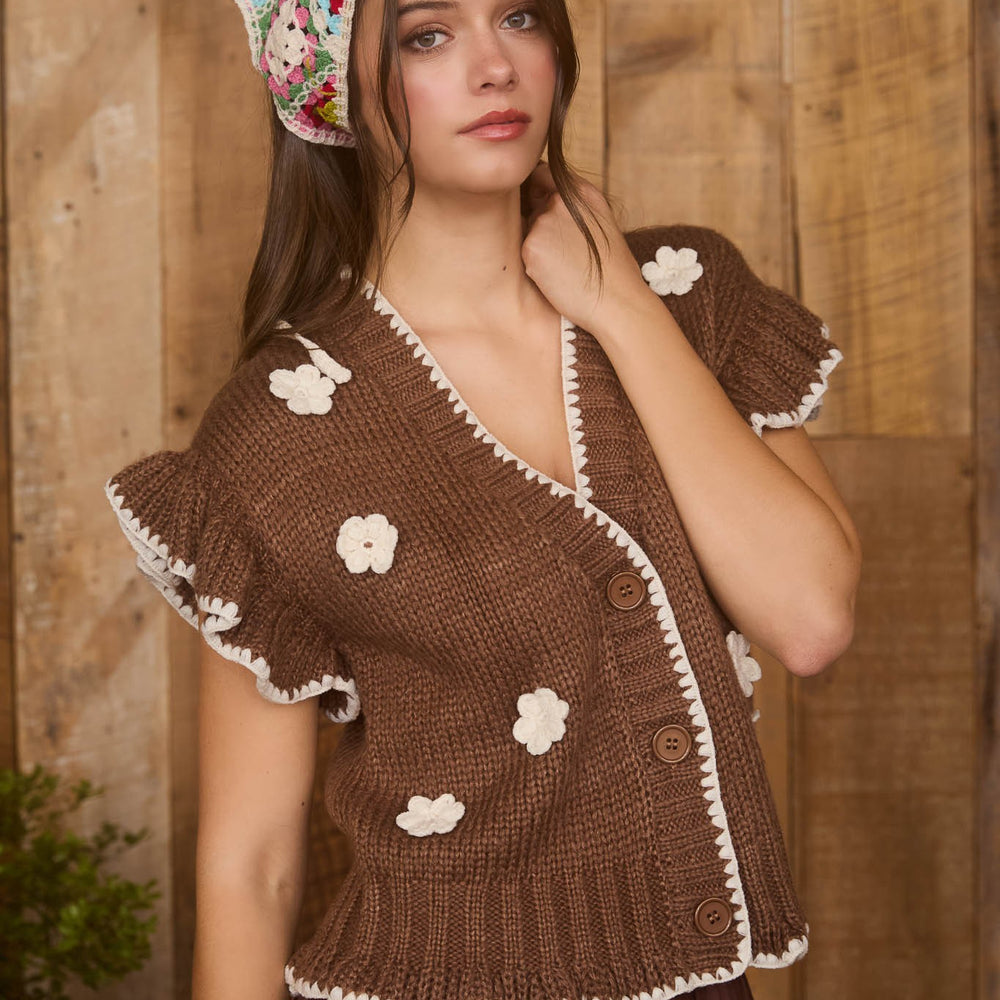 
                      
                        Crochet Floral Detail Ruffled Knit Cardigan
                      
                    